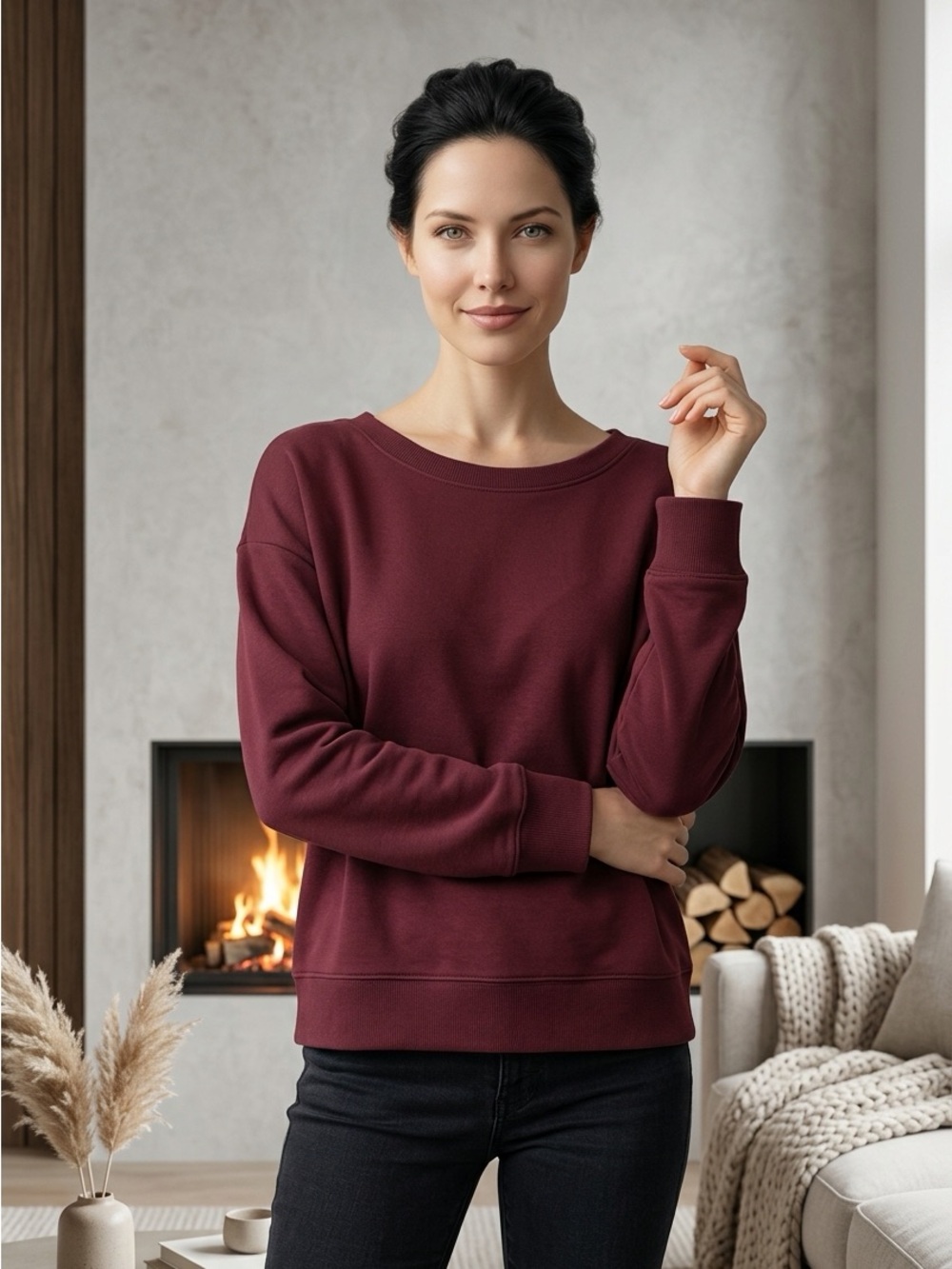 Danskin Women's Scoop Neck Crew Sweater in Wine